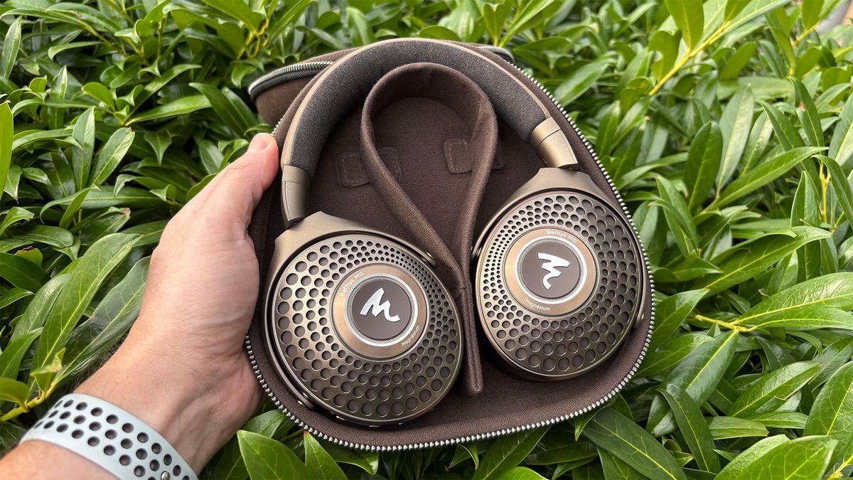 Focal Bathys MG wireless headphones held in front of a bush