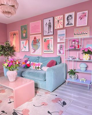 Gallery wall in a pink living room