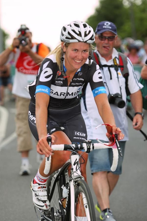 A smiling ride to the podium ceremony for Alexis Rhodes (Garmin-Cervelo)