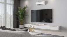Modern Living Room Interior With Air Conditioner, Television Set, Potted Plant And Sofa