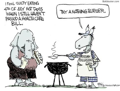 Political cartoon U.S. GOP health care bill fourth of July Russian collusion