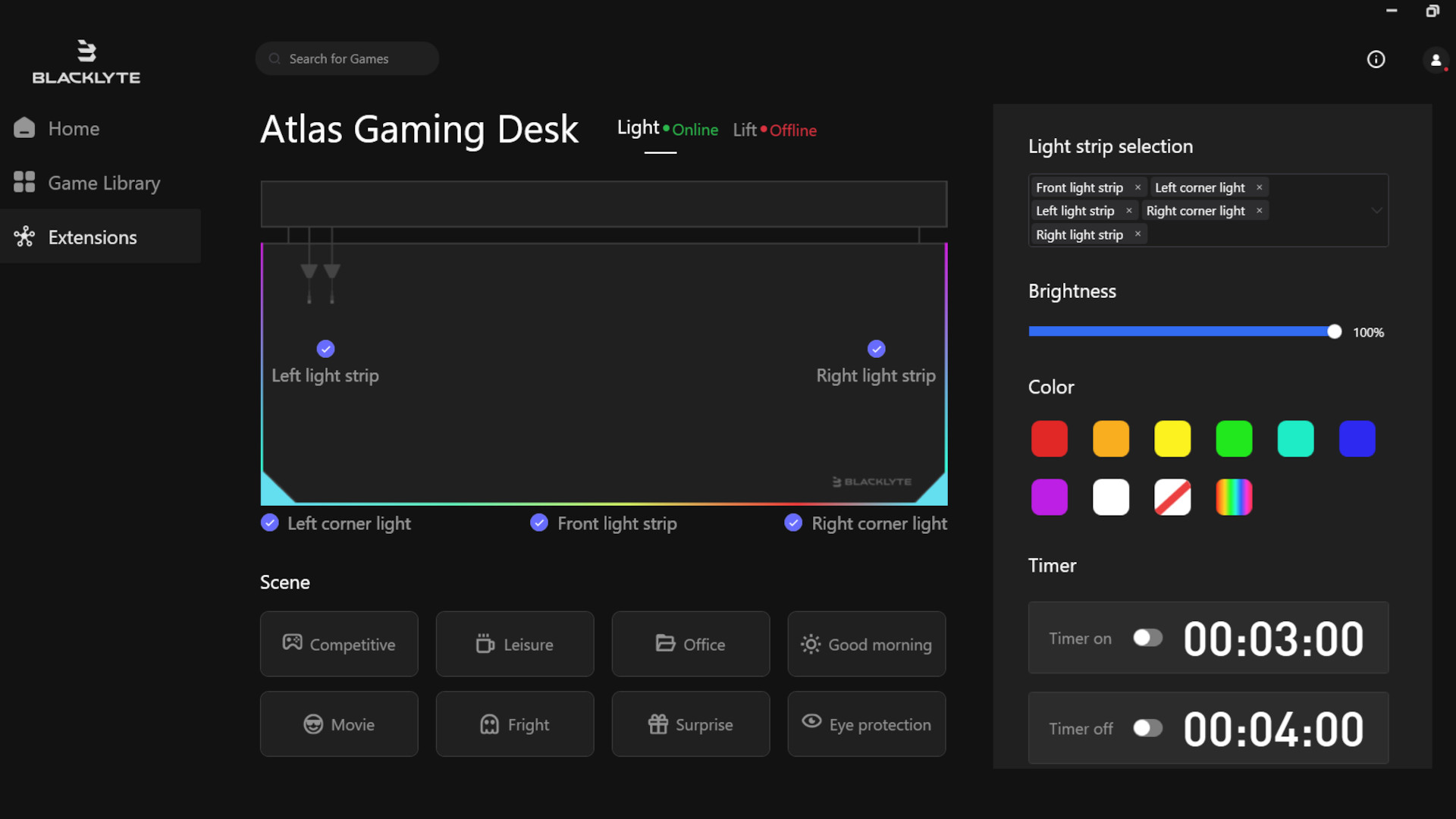 Screenshot of the control software for the Blacklyte Atlas gaming desk