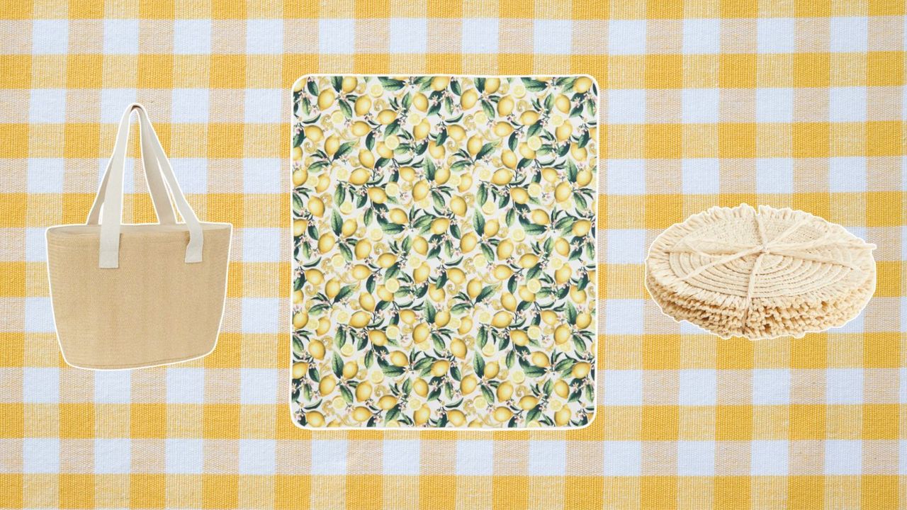 H&amp;M Home accessories for picnics including a basket and blanket and coasters on a yellow gingham background