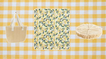 H&M Home accessories for picnics including a basket and blanket and coasters on a yellow gingham background