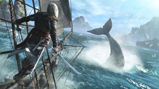 A player on a ship looking at a whale tail during Assassin's Creed Black Flag.