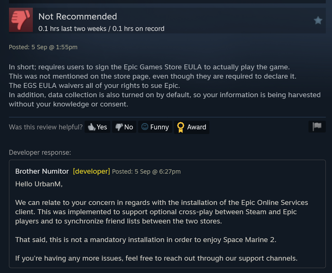 Amidst upset over Space Marine 2 automatically installing Epic Online Services, Epic says PC crossplay is a requirement for all multiplayer games on its store