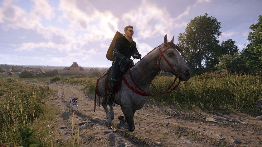 Kingdom Come: Deliverance 2 screenshot of Henry riding on his grey horse Pebbles as his dog Mutt follows behind 