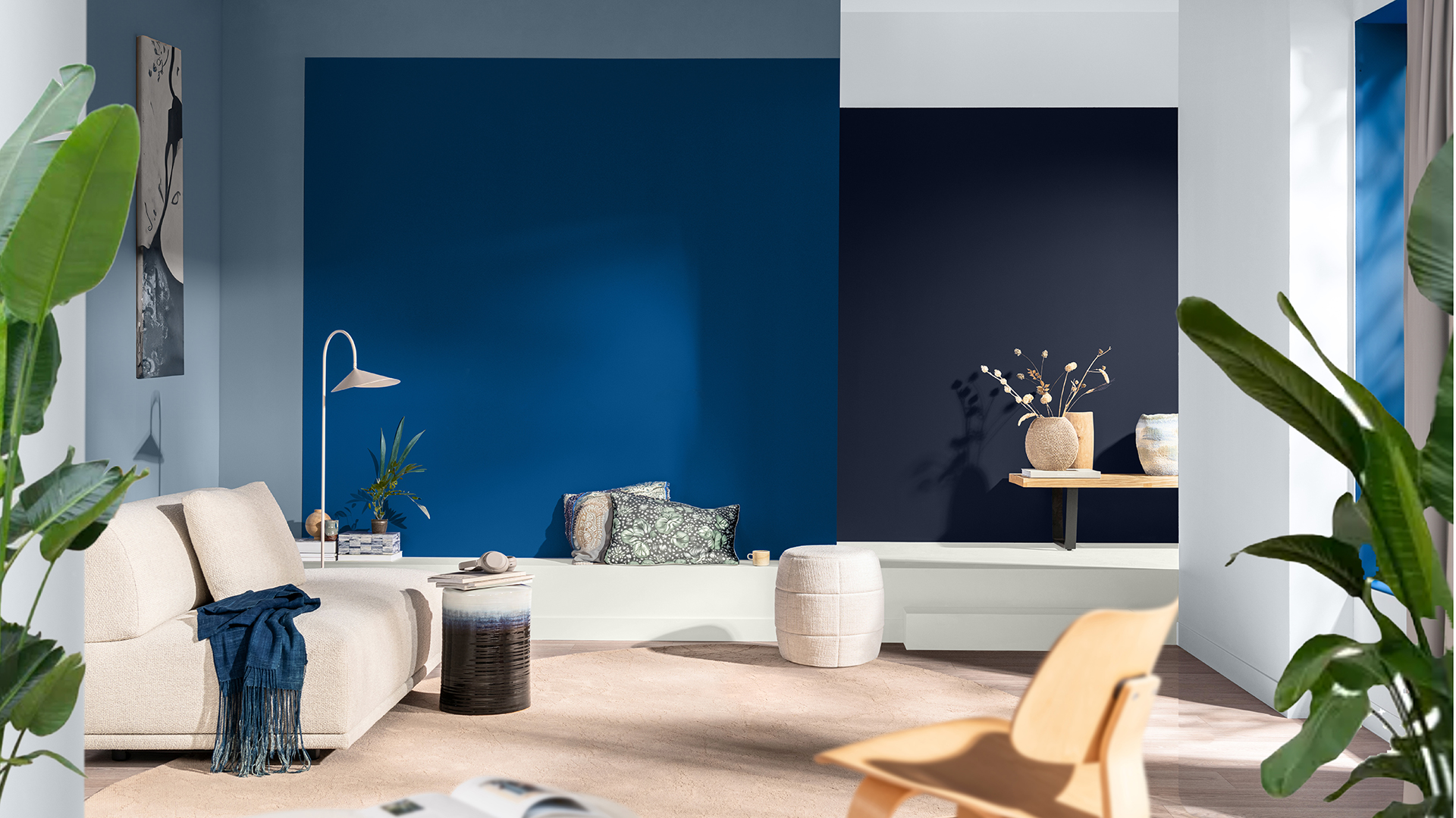 Living room painted with the three blues shades of Dulux Colour of the Year 2026
