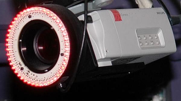 Video cameras with red LED lights and infrared filters capture the data that gets sent to the computer