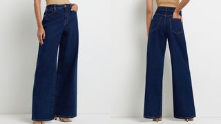 composite of model wearing River Island Navy Wide Leg Jeans