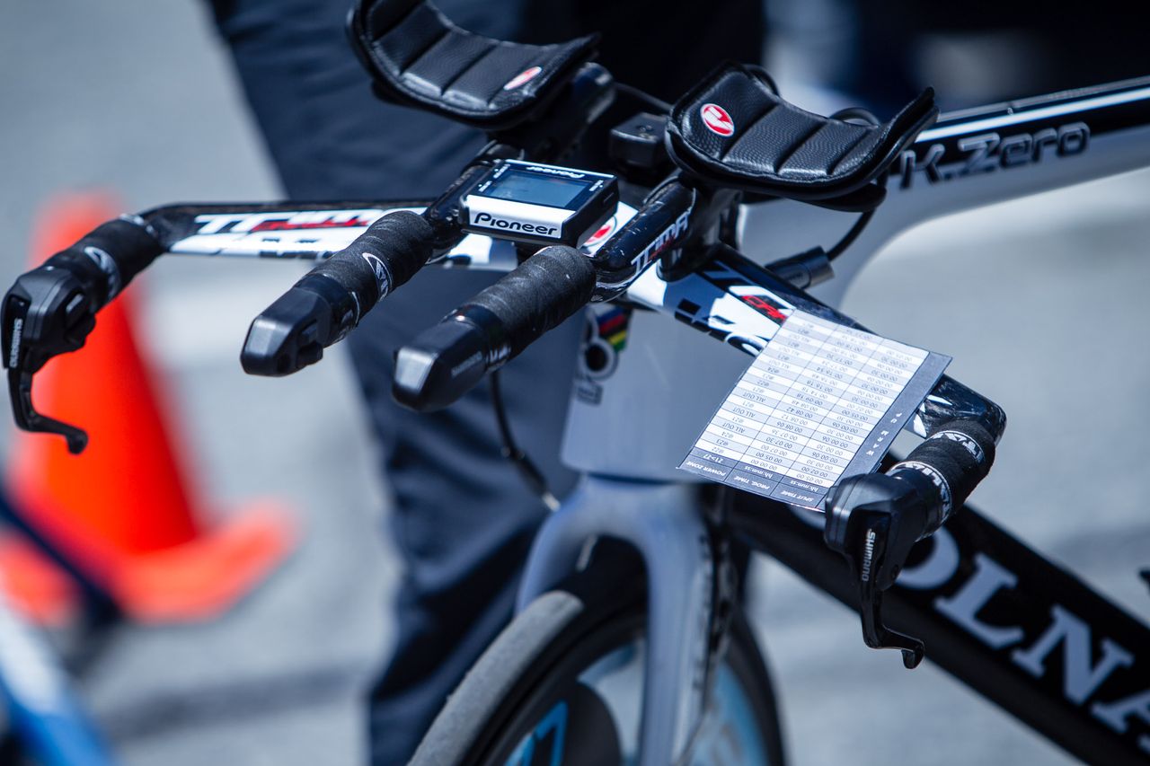 A Team Novo Nordisk rider has his twenty-three minute warm-up notes ready