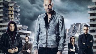 A promotional image for Italian crime drama Gomorrah showing five key characters