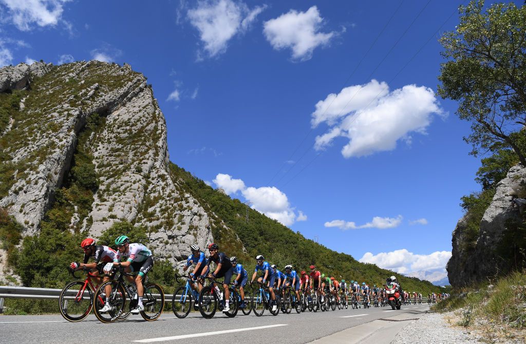 PRIVAS FRANCE SEPTEMBER 02 Thomas De Gendt of Belgium and Team Lotto Soudal Lukas Postlberger of Austria and Team Bora Hansgrohe Carlos Verona Quintanilla of Spain and Movistar Team Andrey Amador Bikkazakova of Costa Rica and Team INEOS Grenadiers La Garenne La BtieMontsalon 763 Landscape Mountains Peloton during the 107th Tour de France 2020 Stage 5 a 183km stage from Gap to Privas 277m TDF2020 LeTour on September 02 2020 in Privas France Photo by Stuart FranklinGetty Images