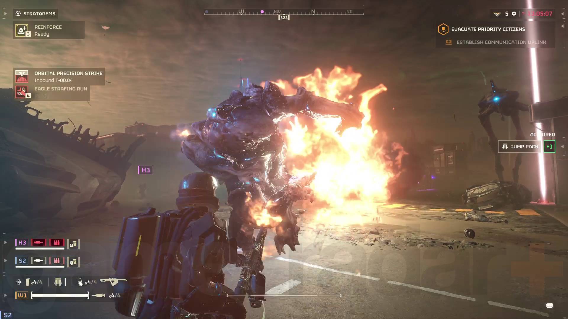 Helldivers 2 helldiver torching a flesh mob with a flamethrower with a harvester in the background