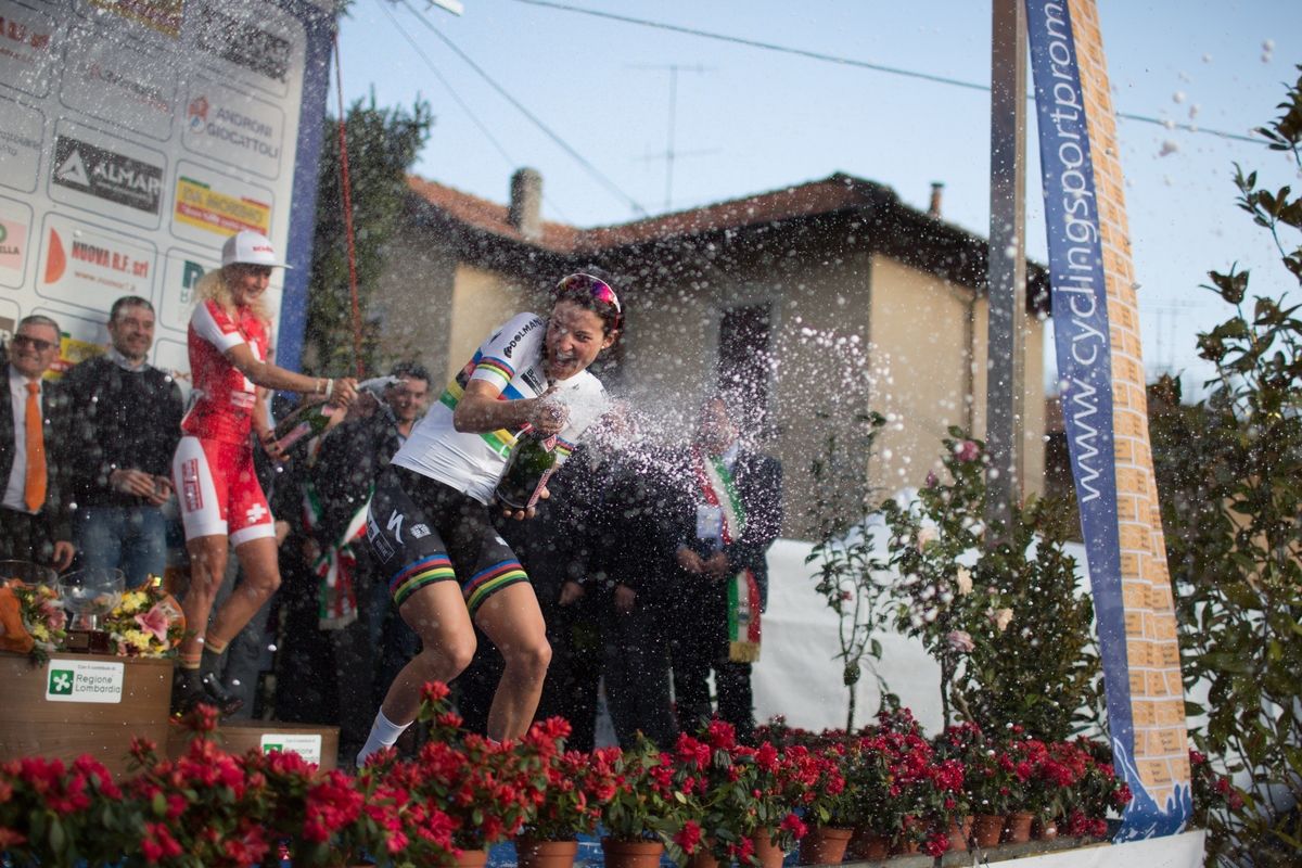 Megan Guarnier, Lizzie Armitstead (both Boels-Dolmans Cycling Team) and Jolanda Neff (Servetto-Footon) celebrate on the top of the podium of the Trofeo Alfredo Binda