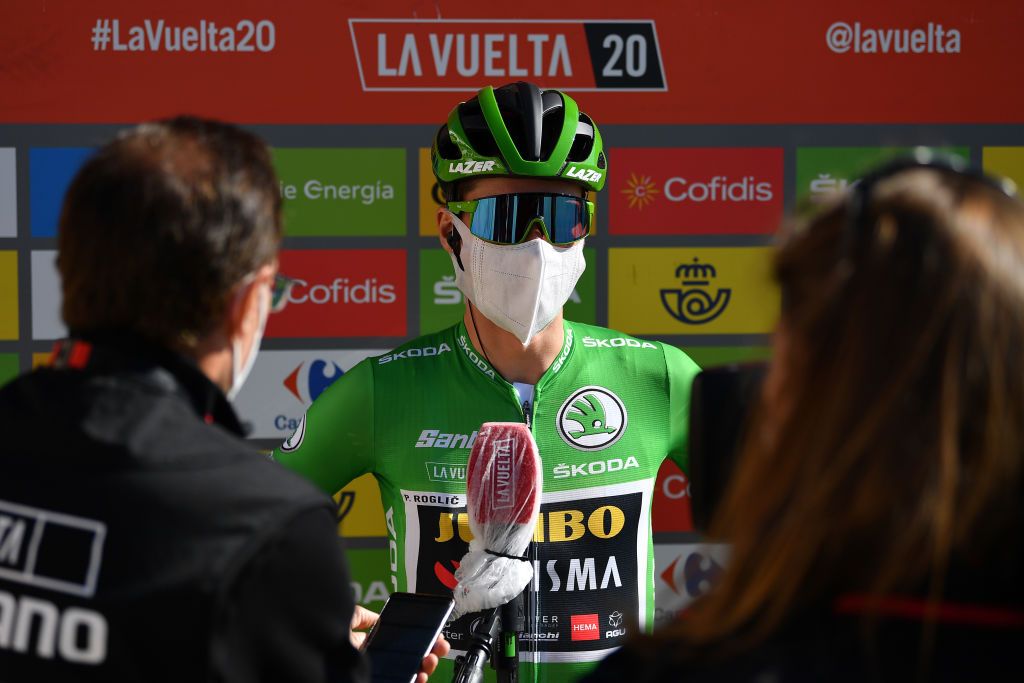 AGUILAR DE CAMPOO SPAIN OCTOBER 29 Start Primoz Roglic of Slovenia and Team Jumbo Visma Green Points Jersey Interview Press Media Cid Campeador Military Base Castrillo del Val Team Presentation during the 75th Tour of Spain 2020 Stage 9 a 1577km stage from Cid Campeador Military Base Castrillo del Val to Aguilar de Campoo lavuelta LaVuelta20 on October 29 2020 in Aguilar de Campoo Spain Photo by Justin SetterfieldGetty Images