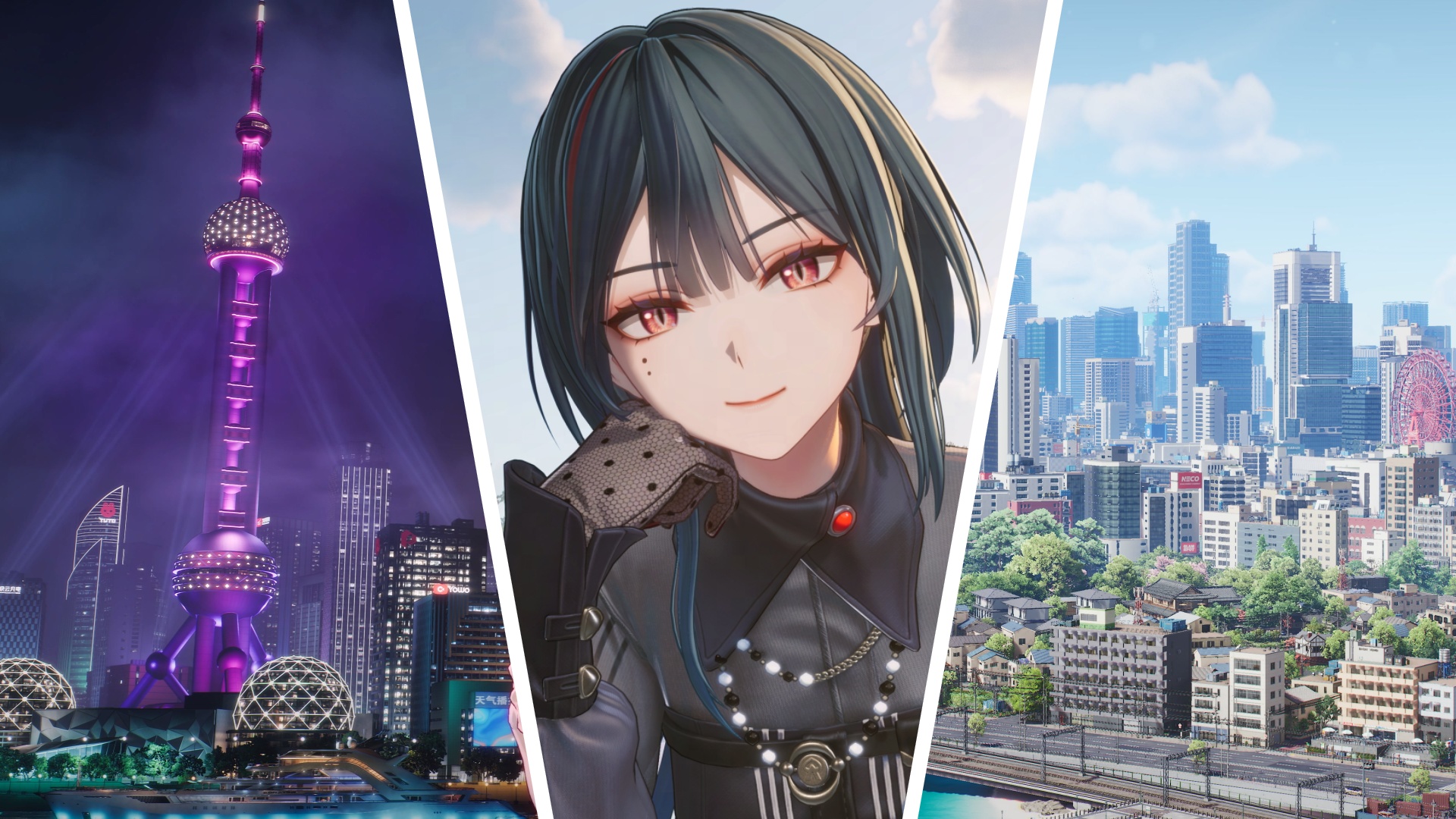 Three Ananta screenshots, two showing its Eastern and Western city maps and the third a newly released character.