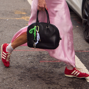 Woman wearing red sneakers in New York City 