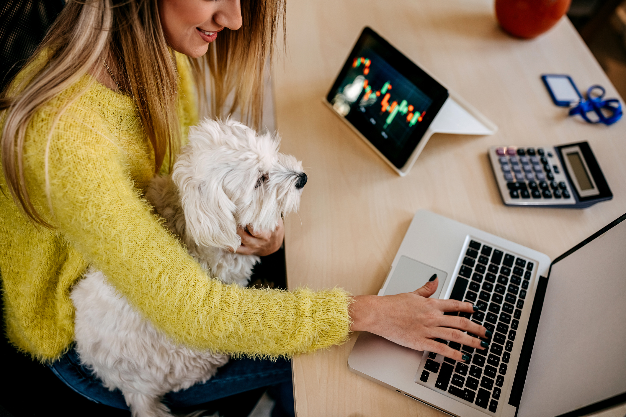 Woman investing on a computer at home