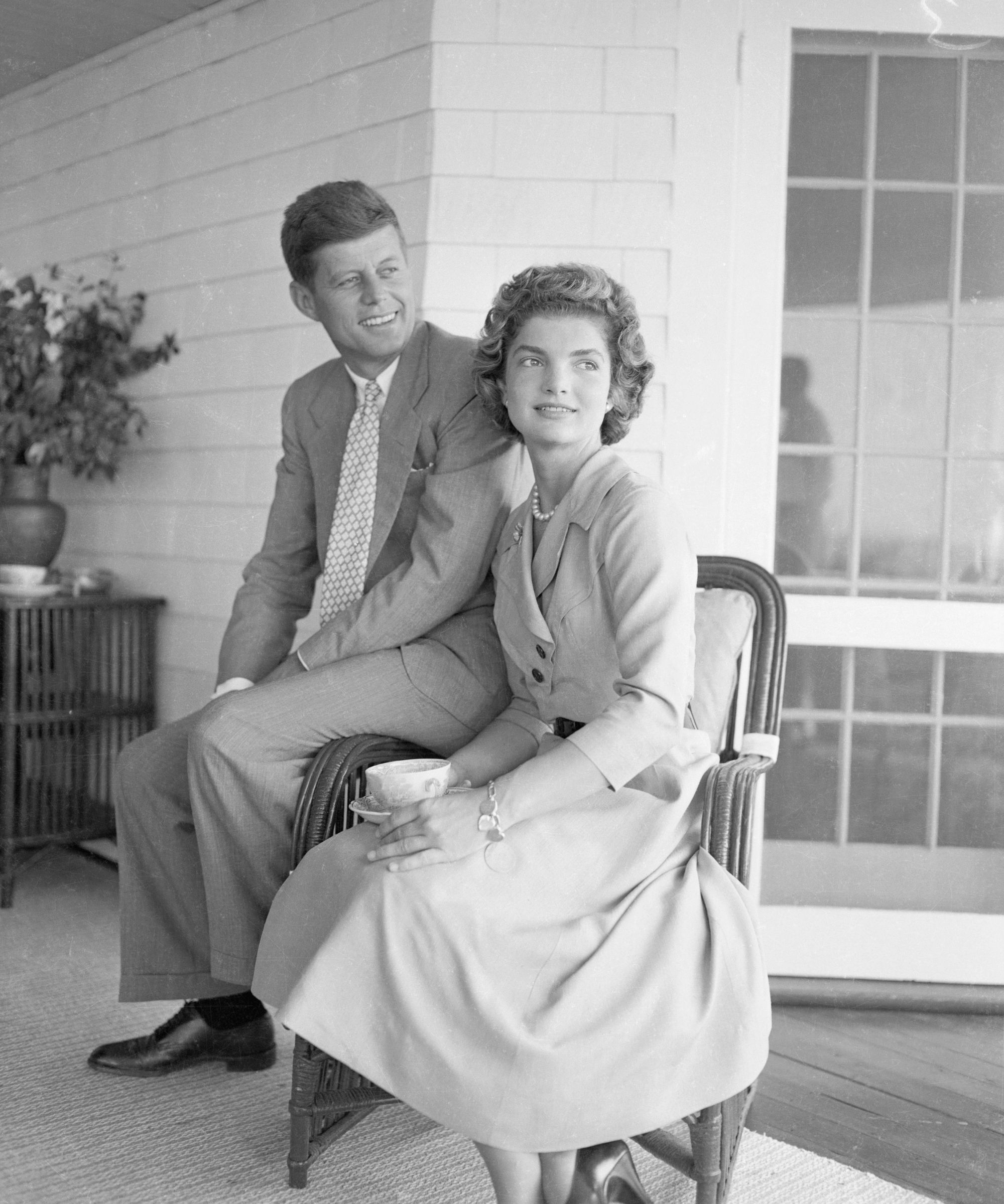 JFK and Jackie Kennedy at Kennedy's Hyannisport, Massachusetts home shortly after their engagement in 1953