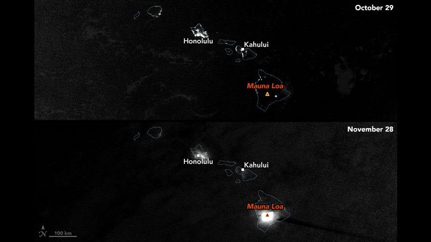 A comparison of Suomi-NPP views of night lights in the Hawaiian islands in October 2022 and on Nov. 28, 2022.