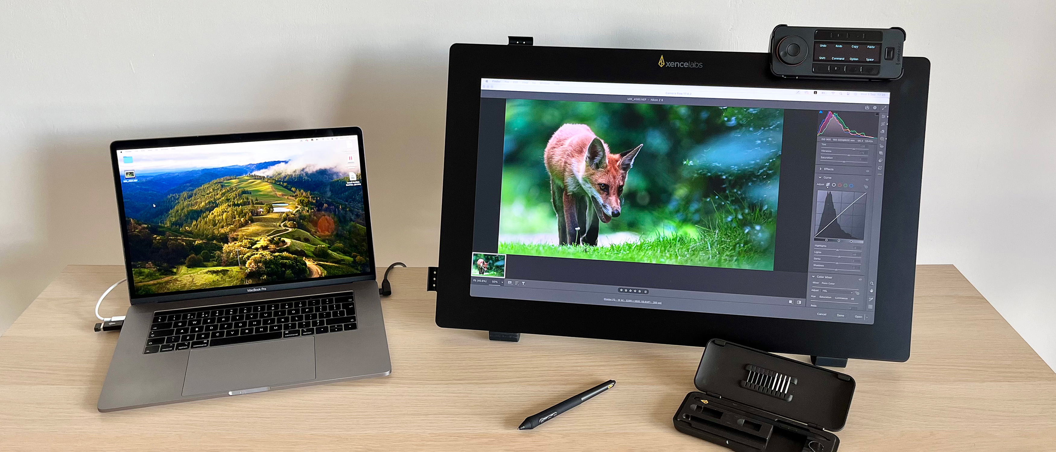 Xencelabs Pen Display 24+ next to MacBook on desk, with image of fox on the pen display 