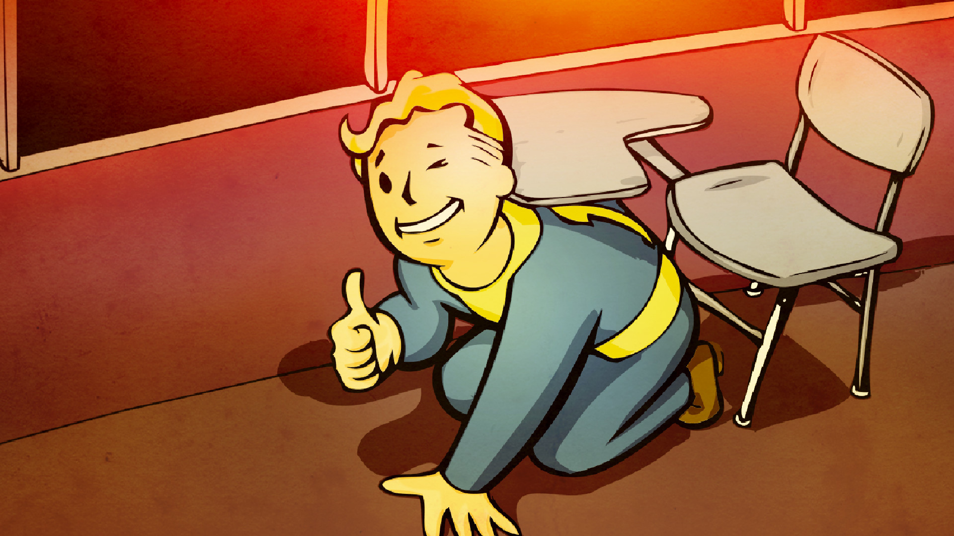 Vault Boy ducks and covers in promo art for Fallout