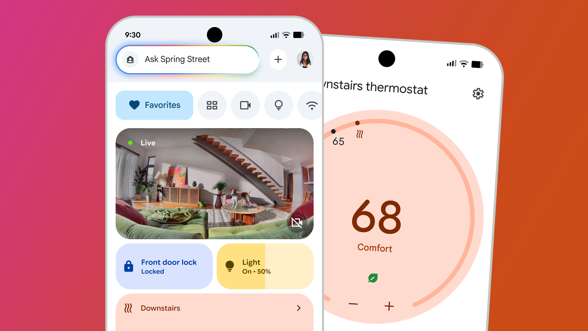 Two phones on a pink and orange background showing the Google Home app