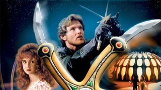 Part of the movie poster from the science fantasy movie Krull (1983). From left to right: a beautiful princess with curly red hair, a prince with floppy blond hair beard and moustache wearing black gloves and holding up two small knives in an X, and on the far right is the prince and princess running away from a giant dome with lots of oval windows. Each image is separated by an arm of a giant glaive – a 5-pointed star-shaped weapon with curved blades at each point.