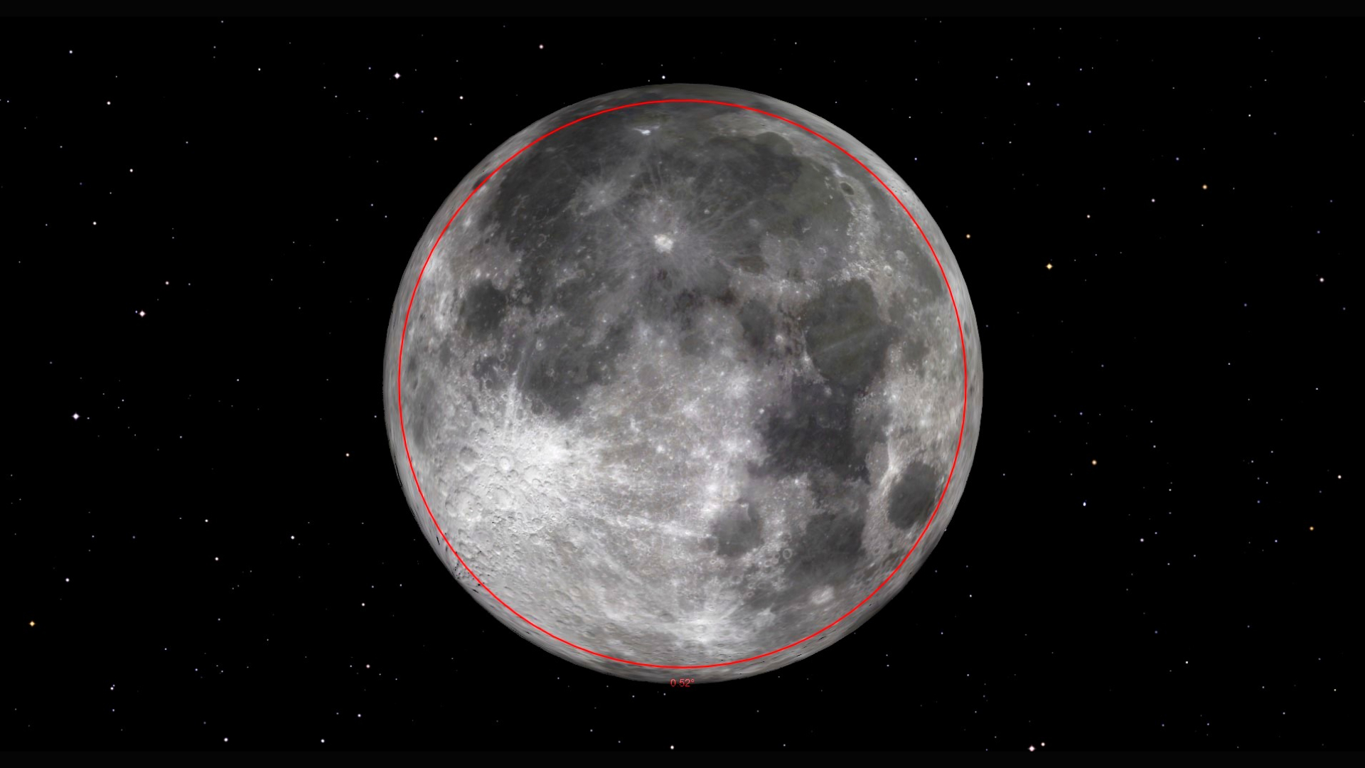 A close up of the moon in space, with various dark maria and light spots seen. Around the edge of the moon is a red outline