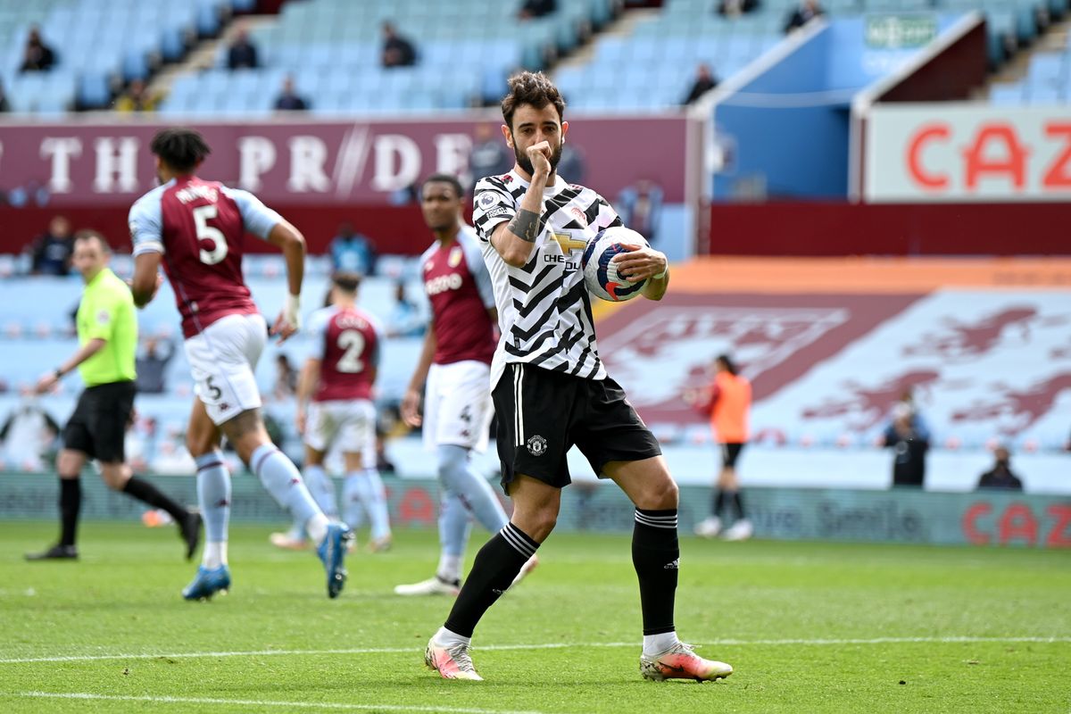 Manchester United’s Bruno Fernandes celebrates scoring against Aston Villa