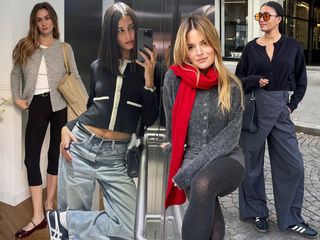 Fashion collage of Anne-Laure Mais, Salome Mory, Sabina Socol, and Lena Farl wearing chic French-girl outfits with cardigans.