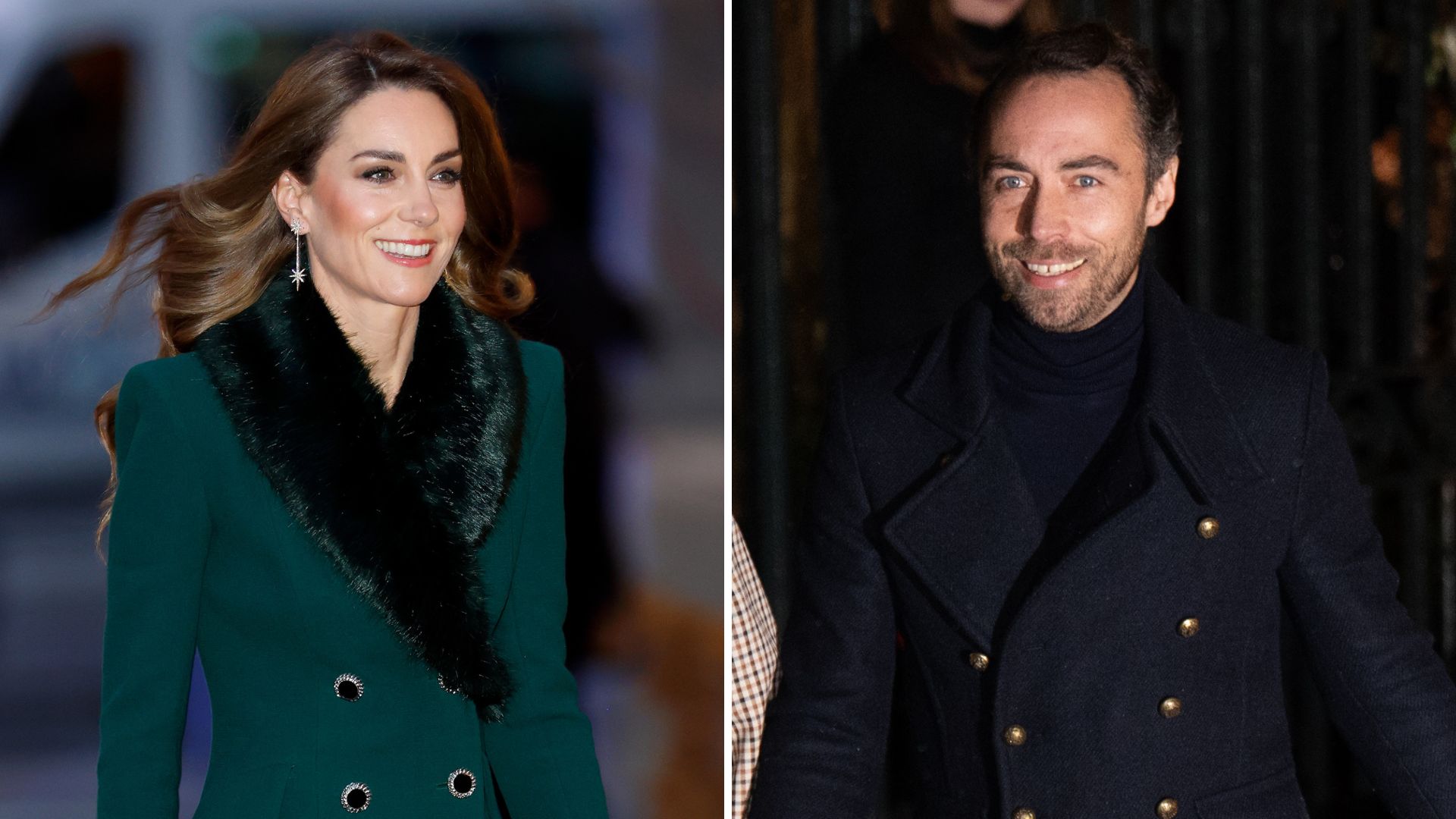 Composite of a picture of Kate Middleton at Together at Christmas 2025 and a picture of James Middleton at the same service