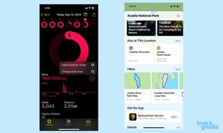 iOS 18 Fitness app ability to change daily move goals along with screenshot showing hikes maps in ios 18 maps