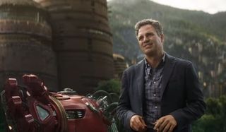 Avengers: Infinity War Bruce Banner stands next to a Hulkbuster arm in Wakanda