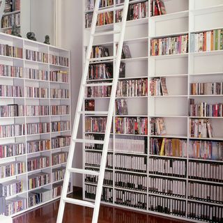 white modern library with ladder