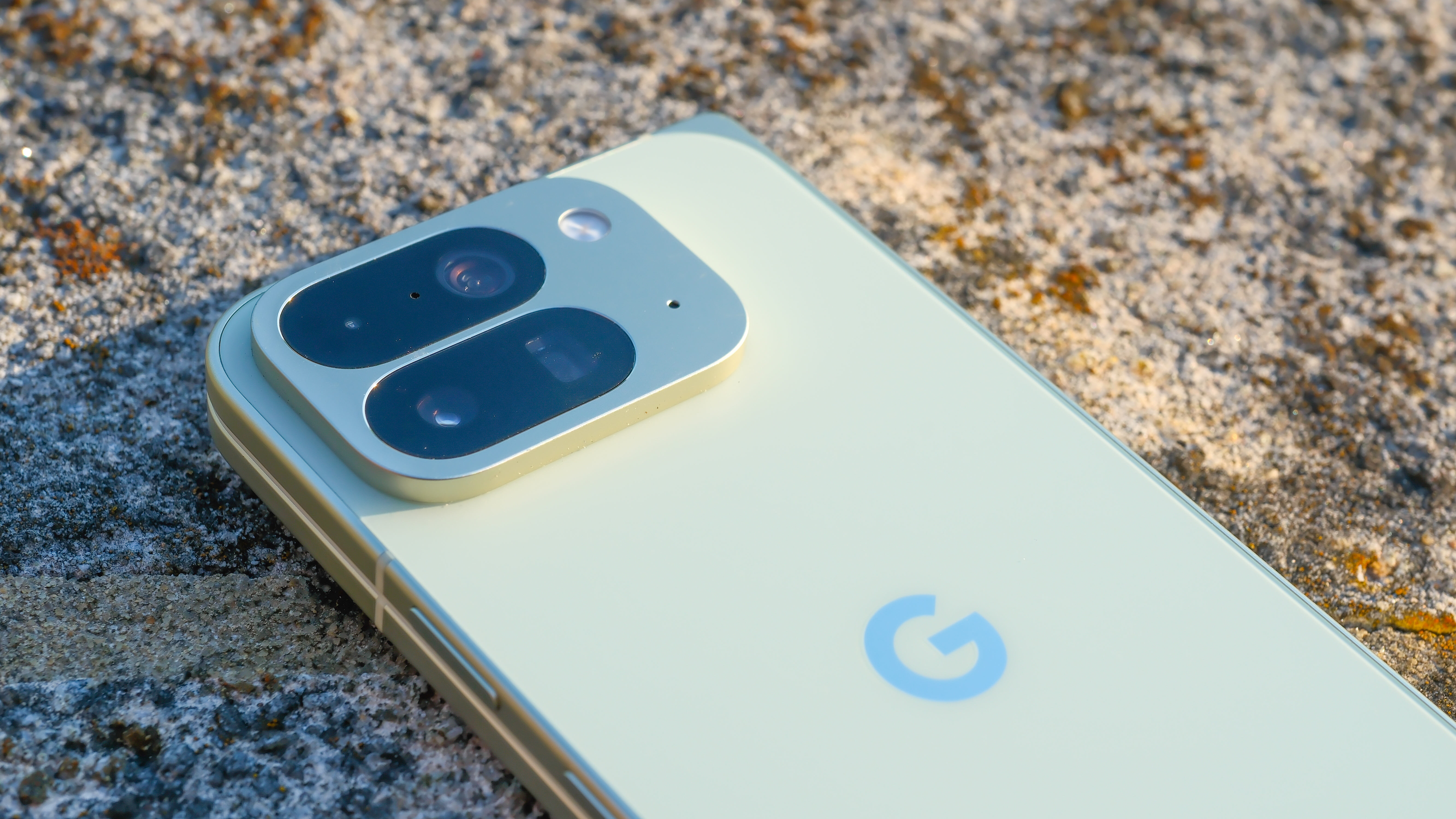 Google Pixel 10 Pro Fold in Jade green outside at a flower garden on a sunny day