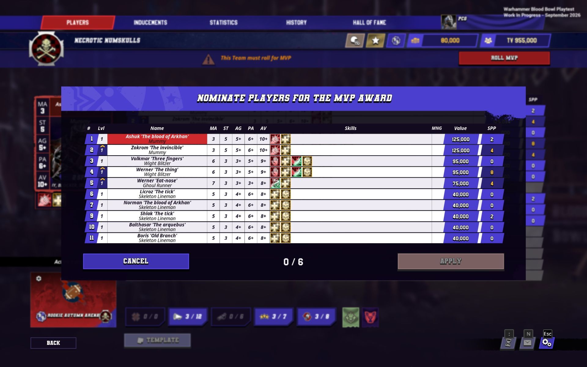 A menu screen from the Warhammer: Blood Bowl  playtest beta