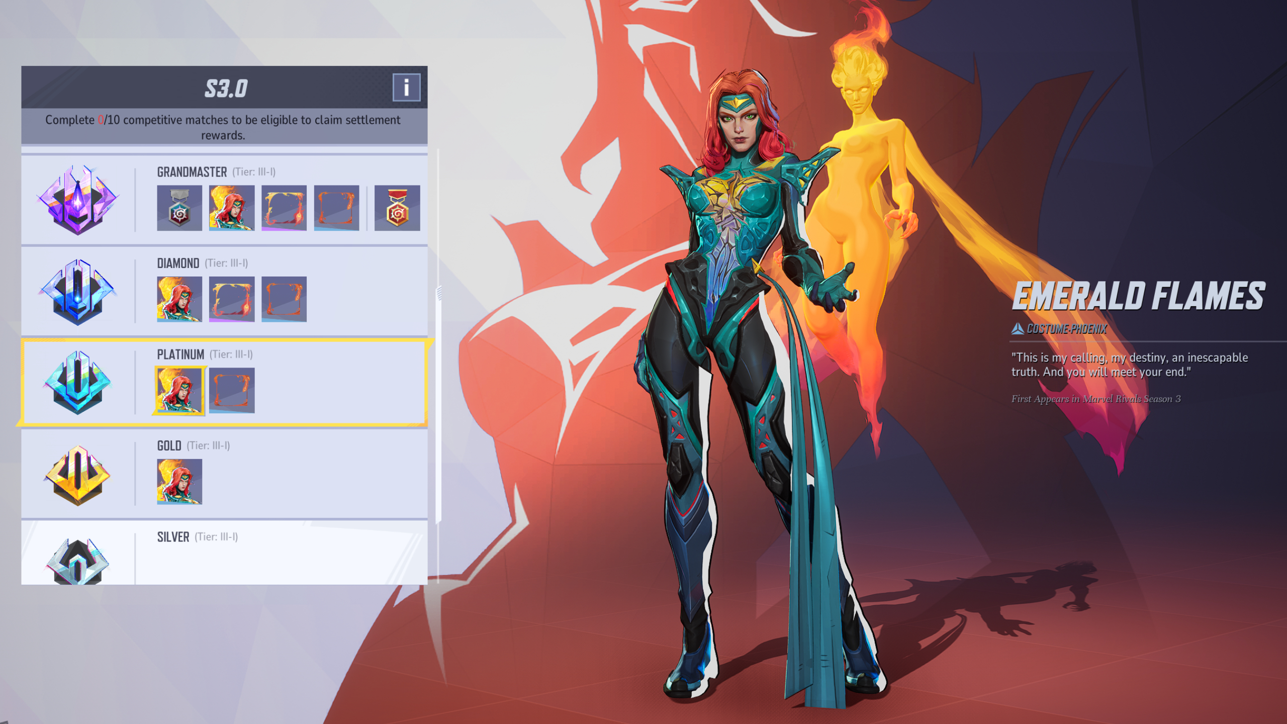 Marvel Rivals ranks:  The Emerald Flames Phoenix in the Season 3 rewards overview screen.