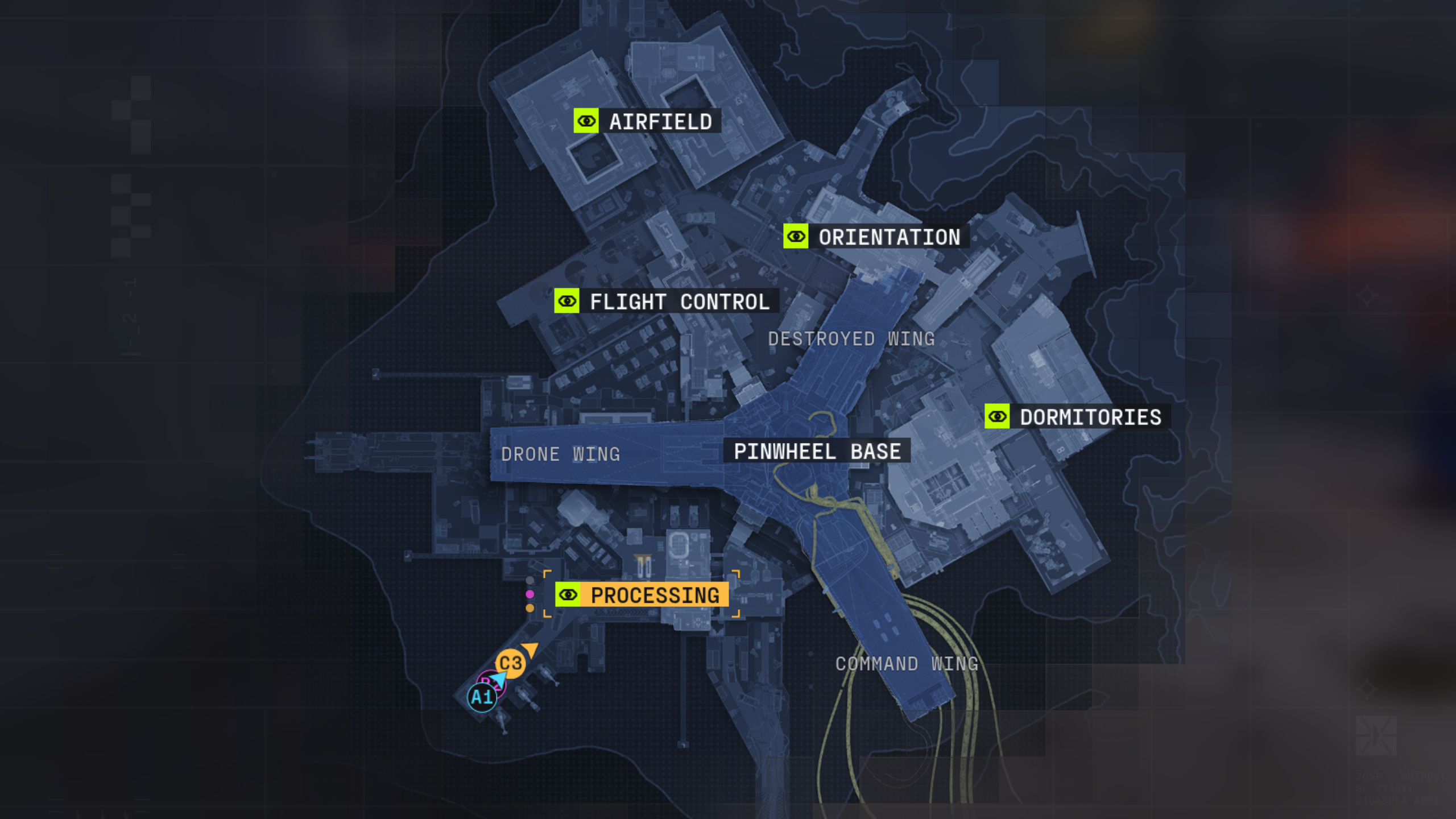 Marathon: A map of Outpost, showing all the major POIs.