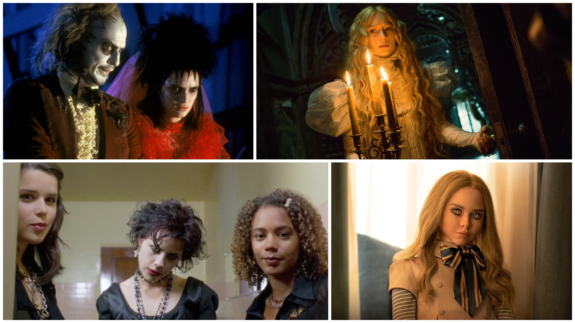 a collage of horror movies that scaredy cats can watch including beetlejuice m3gan the craft and crimson peak
