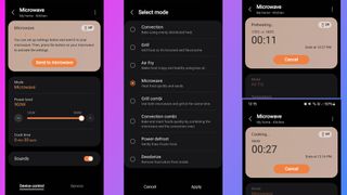 Screenshots from SmartThings app showing how the Samsung Combi Smart microwave is controlled