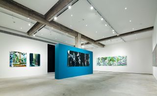 Installation view of Baptiste Rabichon’s floral photo-collages.