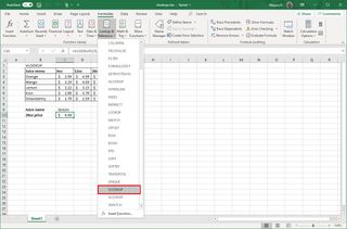 Excel formulas menu, VLOOKUP option