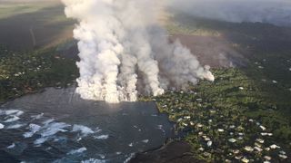The lava flow from Fissure 8 has entered Kapoho Bay, as this photo taken this morning (June 4) shows.