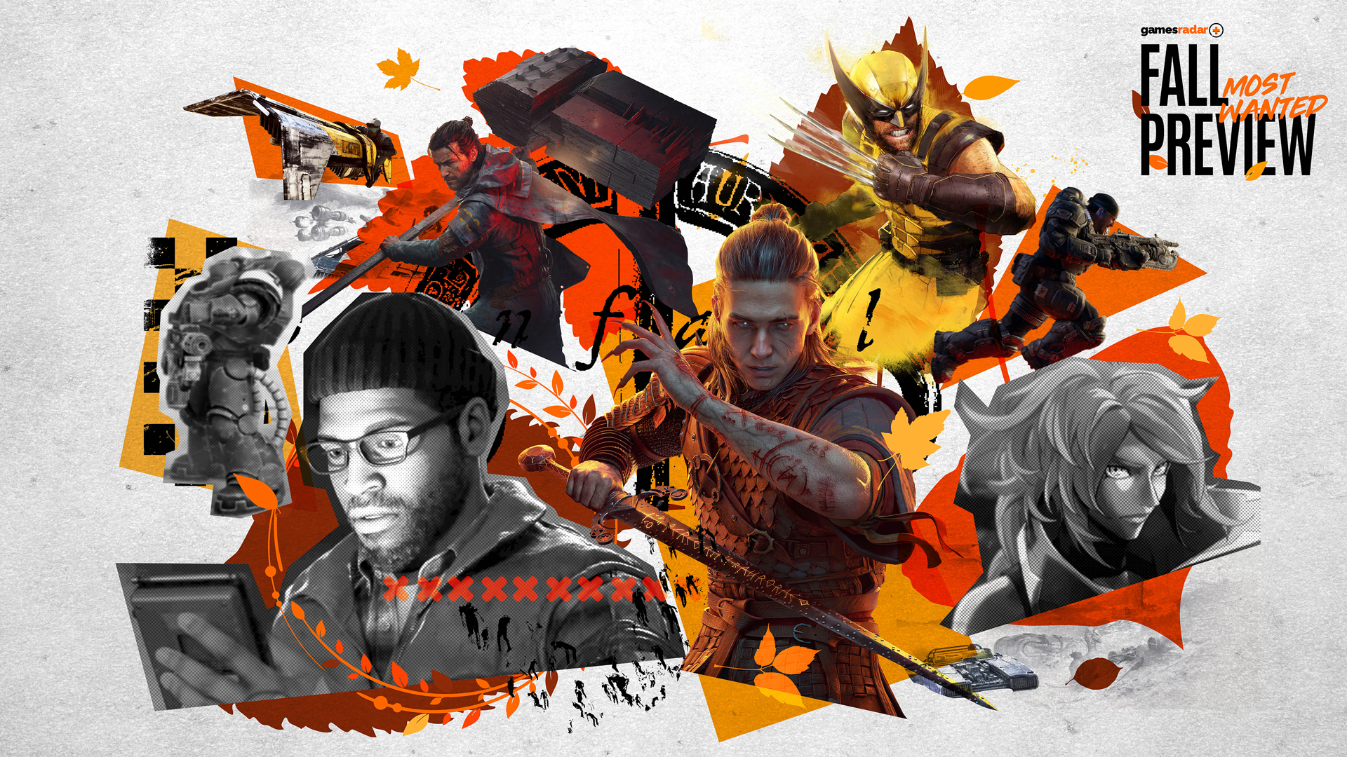 GamesRadar+ Fall Preview hero image featuring Silent Hill Townfall, Dawn of War 4, Star Wars Galactic Racer, Control Resonant, Marvel's Wolverine, Blood of Dawnwalker, Castlevania, Gears of War-Eday