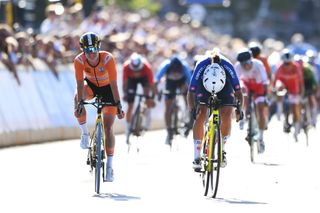 LEUVEN BELGIUM SEPTEMBER 25 Elisa Balsamo of Italy and Marianne Vos of Netherlands sprint to win during the 94th UCI Road World Championships 2021 Women Elite Road Race a 1577km race from Antwerp to Leuven flanders2021 on September 25 2021 in Leuven Belgium Photo by Tim de WaeleGetty Images