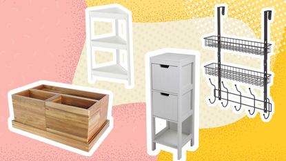 Bathroom organizers graphic with black wire over door hanger, wooden boxes, white drawers and white bathroom corner shelf