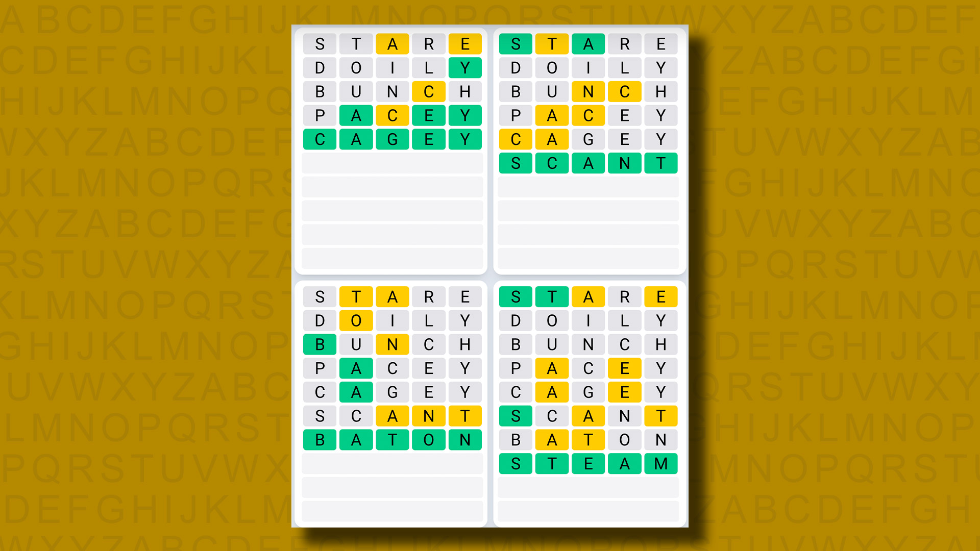 Quordle Daily Sequence answers for game 839 on a yellow background