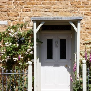 front door with covering beside climbing plants
